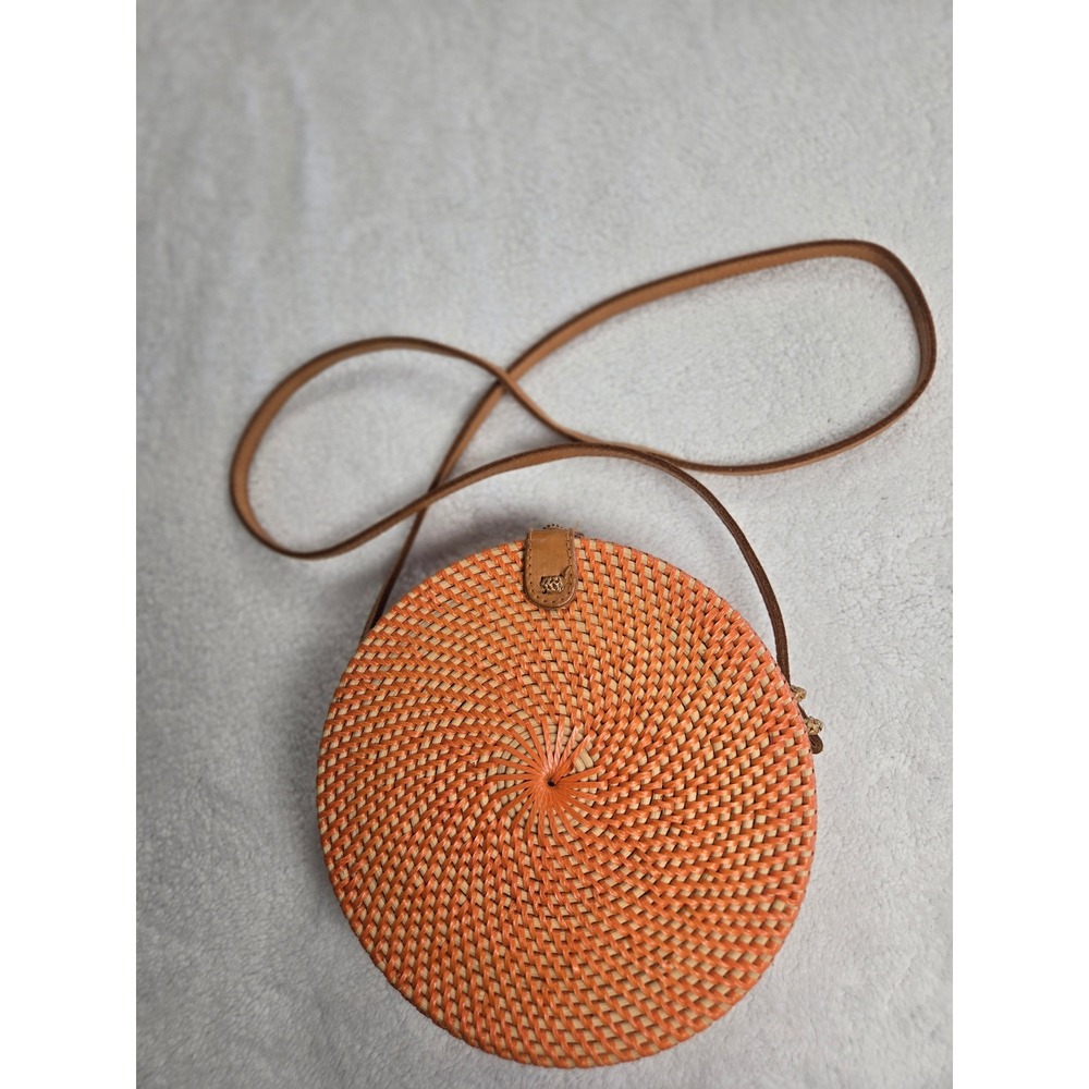 Orange Woven Rattan Round Crossbody Bag Canteen Straw Purse Boho Summer 8‎ Inch